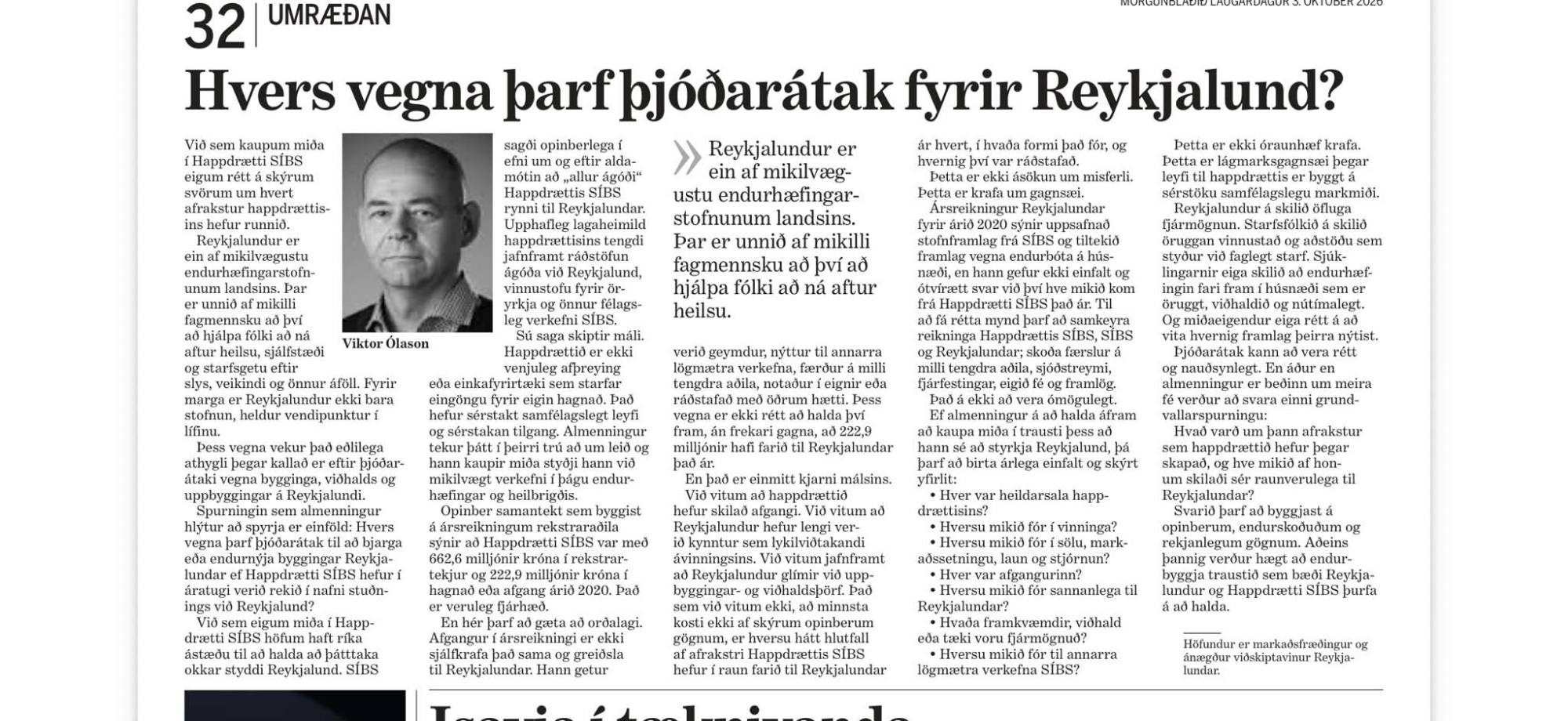 Grein Viktors Ólasonar, Hvers vegna þarf þjóðarátak fyrir Reykjalund?, í Morgunblaðinu 3. október 2026